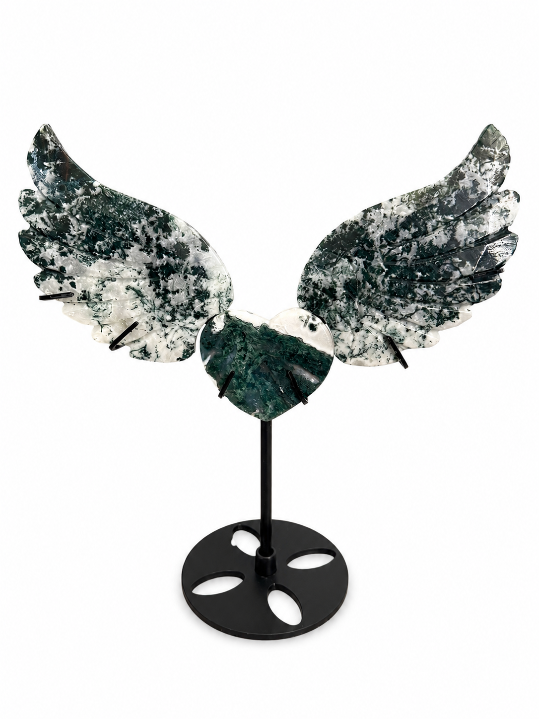 Large moss Agate heart with wings ornament