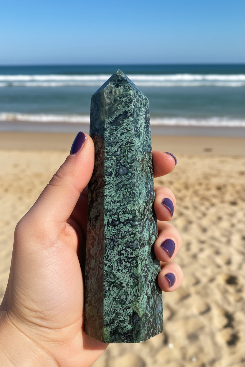 Large moss Agate natural crystal tower
