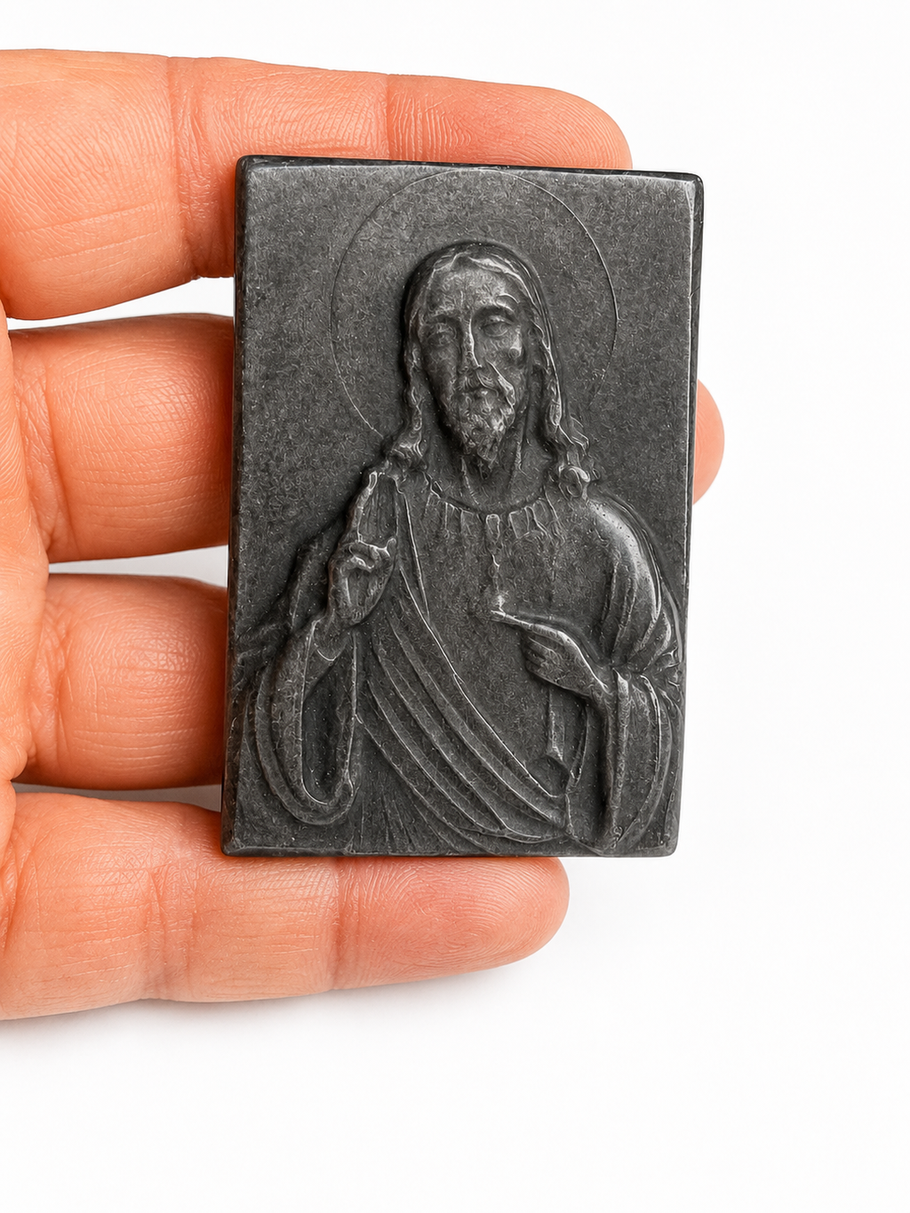 Silver Sheen obsidian Jesus crystal carving