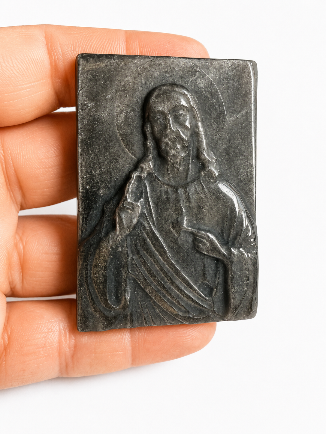 Silver Sheen obsidian Jesus crystal carving