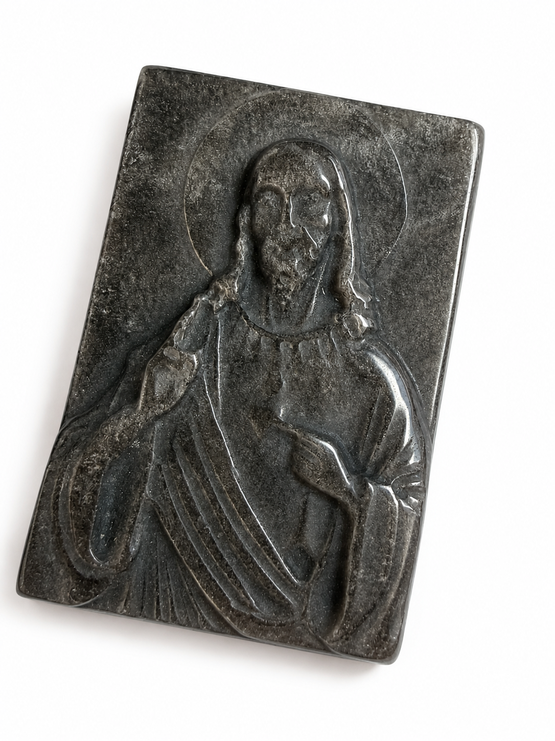 Silver Sheen obsidian Jesus crystal carving